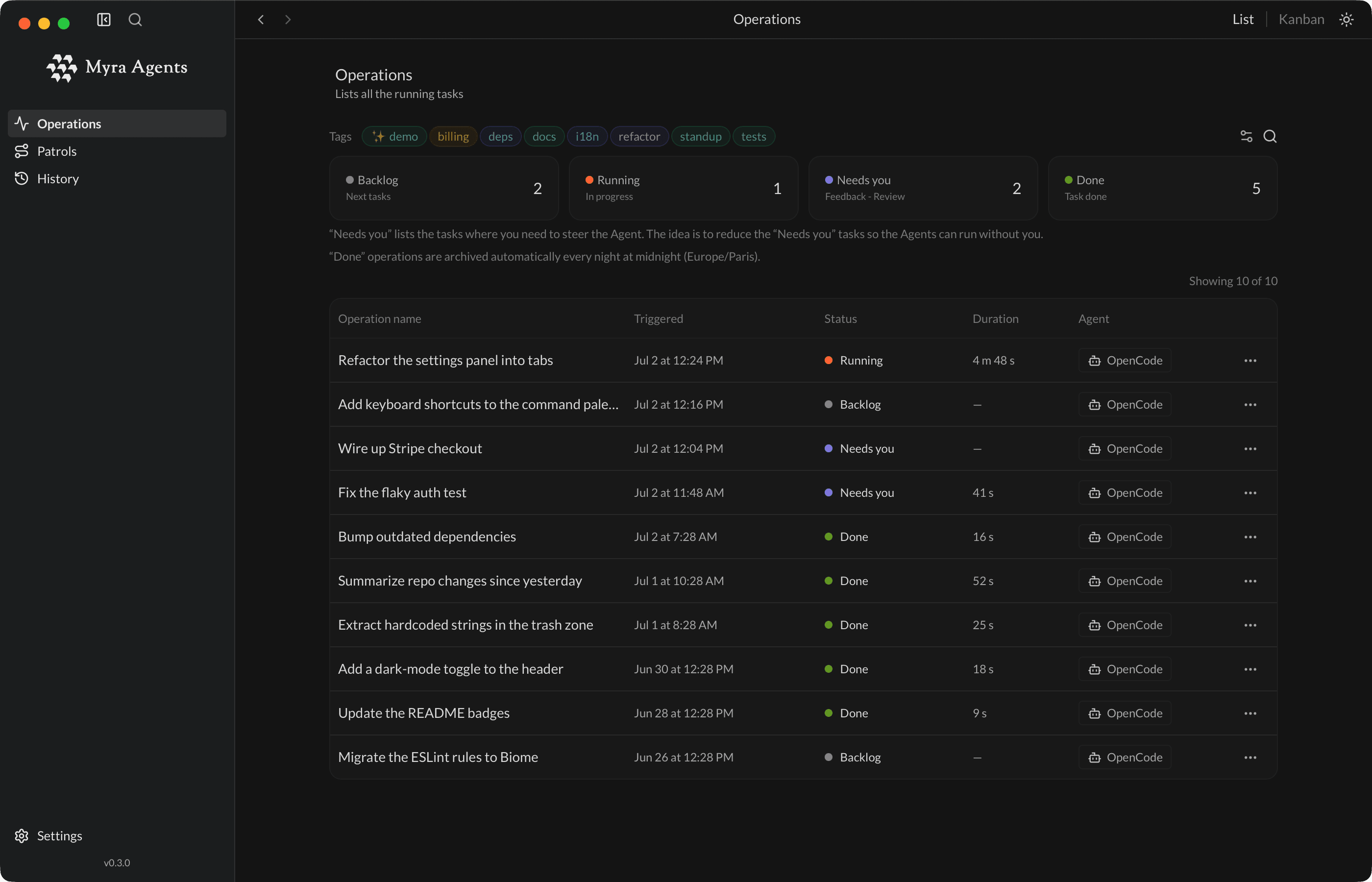 Operations view with Backlog, Running, Needs you and Done counters